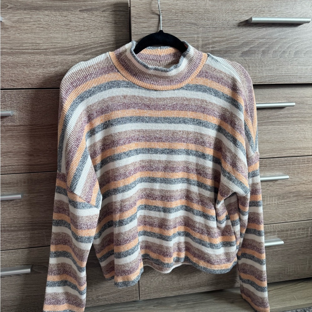BKE Women's Striped Cowl Neck Sweater - Cream, Gray, Pink